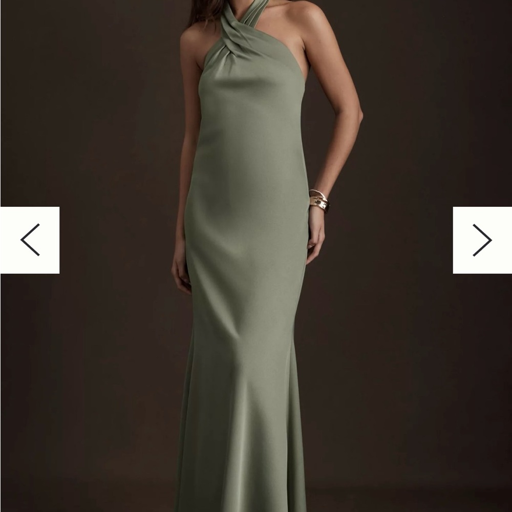 BHLDN Ruby Twist Halter Satin Gown (Color: Moss)